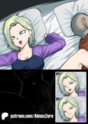 aima_zero android_18 blonde_hair blue_eyes cheating cheating_wife cuckold dark-skinned_male dragon_ball dragon_ball_super hidden_sex interracial krillin kuririn lying_on_bed netorare patreon patreon_censored sole_female vaginal_sex