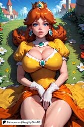 ai_generated big_breasts bimbo blue_eyes breasts brooch brown_hair castle cleavage crown daisy dandelion day dress earrings female field flower flower_earrings flower_field gem gloves grass jewelry large_breastsflower lips long_hair looking_at_viewer lying mario_(series) naughtygirlsa nintendo nintendo_switch on_back orange_dress orange_hair outdoors parted_lips patreon_username princess_daisy puffy_short_sleeves puffy_sleeves smile solo watermark web_address white_flower white_gloves yellow_dress