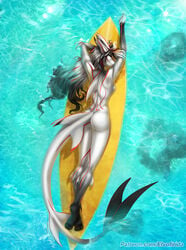 2018 5_fingers anthro black_hair day detailed_background digital_media_(artwork) elvofirida female fin fish grey_hair hair lunare_(character) lying marine nude outside pussy shark solo water