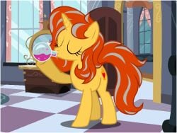 canterlot checkered_floor cinderheart_(mlp) closed_eyes comission cute cutie_mark door drinking female flashequestria hoof_hold mane mare my_little_pony oc oc_only part_of_a_set pony potion show_accurate solo tiles unicorn window