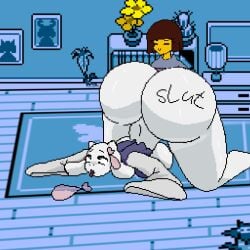 anal anal_sex big_ass big_breasts breasts condom doggy_style frisk huge_ass lolicon pixel_art toriel undertale