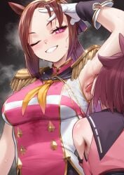 2girls animal_ears armpit_fetish armpit_focus armpit_licking armpit_sniffing armpits bakushin_o_armpit_gif_(meme) brown_hair epaulettes fetish gloves gold_hairband hairband hand_on_own_head hand_up highres horse_ears horse_girl licking licking_armpit meme naughty naughty_face naughty_smile neckerchief open_mouth padoruu ponytail presenting_armpit sakura_bakushin_o_(umamusume) sakura_chiyono_o_(umamusume) sleeveless sleeveless_jacket smile smiling solo sweat sweatdrop sweating tongue tongue_out umamusume umamusume_pretty_derby upper_body white_gloves yellow_neckerchief yuri