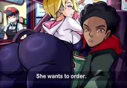 1boy 2girls ass breasts cameltoe dark-skinned_male dark_skin drive_thru english_text gwen_stacy jrpuls3 large_ass large_breasts light-skinned_female light_skin meme miles_morales spider-gwen spider-man spider-man_(series) text thick_thighs thighs