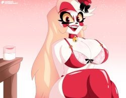 1girls big_breasts blonde_hair breasts charlie_morningstar_(hazbin_hotel) christmas christmas_clothing christmas_outfit facuwu696art hazbin_hotel lipstick lipstick_mark milk red_eyes red_lipstick smile solo solo_female vivienne_medrano vivziepop