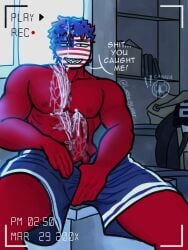 bara bookshelf canada_(countryhumans) caught_masturbating countryhumans cum_on_body cum_on_face cum_on_hair cum_on_penis cum_on_torso english_text hair indoors latte_4later male_only massive_cum masturbation muscular muscular_male recording red_body shocked shorts united_states_of_america_(countryhumans)