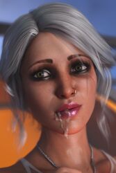 cd_projekt_red ciri cum cum_in_mouth cum_on_face female freckles green_eyes light-skinned_female looking_at_viewer mascara nose_piercing prozacparade3dx scar solo the_witcher_(series) the_witcher_3:_wild_hunt white_hair