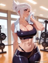 abs ai_generated balecxi black_sports_bra cleavage female gym indoors large_breasts league_of_legends makeup midriff muscular muscular_female navel only_riven panty_straps parted_lips riven shorts solo sports_bra sweat towel towel_around_neck white_hair