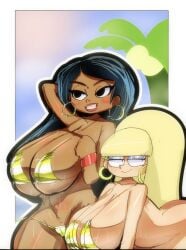 2girls big_ass big_breasts black_hair blonde_hair blunt_bangs border bouffant casey_calderon coconut_tree crossover day daytime disney disney_channel disney_xd eyeshadow gravity_falls grin hoop_earrings kotarodayo1126 latina latina_female long_hair marvel marvel_comics micro_bikini moon_girl_and_devil_dinosaur outdoors outline outside_border pacifica_northwest smirk smug white_border white_outline