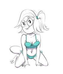 2010s 2016 2_toes 5_fingers anthro blue_swimsuit blush buckteeth cartoon_network cleavage eileen_roberts eyelashes female glasses hair_tie minimal_color mole mole_(marking) mole_girl mymoonjelli no_sex on_knees paradoxjelli regular_show ruffles short_hair side_ponytail smile solo swimsuit swimsuit_skirt two_piece_swimsuit white_background