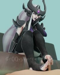 annoyed annoyed_expression bored bored_sex excessive_precum feet feet_on_penis footjob footjob_with_legwear gr00vyferret league_of_legends small_penis syndra thighhighs toe_scrunch toe_socks toenail_polish toes toes_on_penis