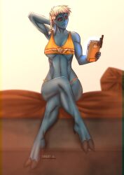 alien alien_girl armpits big_breasts blue_skin book breasts covered_nipples crop_top crossed_legs fewer_digits full_body holding_phone hooves linea_alba medium_breasts no_nose on_bed orange_panties panties reading red_eyes red_sclera single_braid tau underboob unop warhammer_(franchise) warhammer_40k white_hair