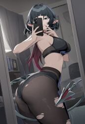 ai_generated anthro ass bra female jane_doe_(zenless_zone_zero) milf mirror mirror_selfie phone rat rat_ears rat_girl rat_tail tail torn_pantyhose zenless_zone_zero