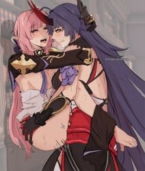 blush blush carrying carrying_another carrying_partner clothed clothed_sex clothes clothing dominant_female elysia_(honkai_impact) female female_focus female_only futanari honkai_(series) honkai_impact_3rd horns hoyoverse implied_futanari larger_female legs_around_partner legs_around_waist long_hair pink_hair purple_hair raiden_mei raiden_mei_(herrscher_of_thunder) saliva saliva_string shorter_female sleepykaslana smaller_female submissive_female taller_female tongue tongue_out yuri