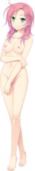 absurdres barefoot breasts censored female full_body green_eyes highres jougasaki_momo long_hair long_image looking_at_viewer medium_breasts mosaic_censoring navel nipples nude official_art pink_hair pussy saeki_hokuto smile solo suisei_ginka tall_image transparent_background