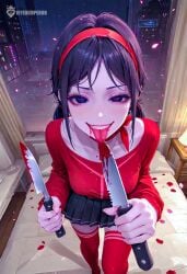 1eyedemperor 2d 2d_(artwork) ahe_gao ai_assisted ai_generated bimbo black_mascara blood blood_on_face bloody_knife blue_eyes blue_hair blue_skirt crazy_eyes crazy_face crazy_mita_(miside) cyberpunk dangerous female hand_on_hip horny ita_(miside) kitchen knife knife_play knife_with_blood long_hair looking_at_viewer medium_breasts milf miside mita_(miside) neon_lights oneyedemperor puffy_lips red_eyes red_lipstick red_stockings red_topwear small_boobs small_breasts small_underwear thick_thighs tongue_out underwear vampire_fangs view_from_above wide_hips