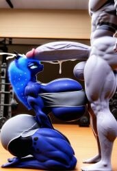 ai_generated bottomwear civitai cumming fitness_center friendship_is_magic gym gym_clothes gym_clothing gym_shorts hasbro huge_ass huge_balls huge_breasts huge_cock huge_muscles kneeling light_rays looking_at_partner looking_up muscular muscular_female muscular_male my_little_pony princess_luna_(mlp) sideboob snuddy_(style) standing_side_by_side sweat sweatdrop sweating sweaty sweaty_body sweaty_breasts thong tube_top tubetop underboob underwear veiny_penis zebra_(male)_(mlp)