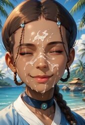 ai_generated avatar_legends avatar_the_last_airbender black_hair closed_eyes cum dark_skin facial female highres jewelry katara necklace nickelodeon nicktoons smirk