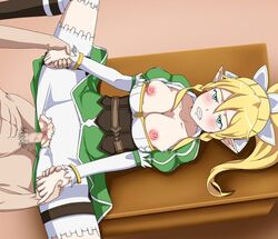 alfheim_online blonde_hair blush breasts censored clenched_teeth clothed_sex clothing elf female green_eyes hitori_kakumei leafa long_hair male male_human/female_elf penetration penis pussy restrained sex spread_legs sword_art_online sword_art_online:_fairy_dance sylph torn_clothes vaginal_penetration