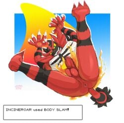 anthro anus ass balls fur generation_7_pokemon genitals hi_res humanoid_genitalia incineroar jenokamui looking_at_viewer looking_down male male_only nintendo nipples penis pokemon pokemon_(species) red_body solo spread_legs spreading tail