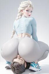 1boy 1girls ai_generated ass ass_in_face big_ass blue_eyes dark_hair disney elsa_(frozen) facesitting frozen_(film) human lying_on_floor nose pale_skin round_ass silver_hair sitting_on_face sneakers