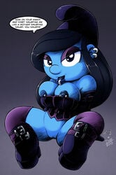 black_hair blue_eyes blue_skin breasts clothing digital_media_(artwork) drxii ear_piercing english_text facial_piercing female footwear hair hat humanoid lip_piercing looking_at_viewer nipple_piercing nipples piercing pussy shoes simple_background smurf smurfette solo text the_smurfs