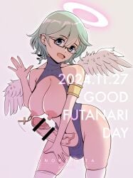 angel angel_wings big_penis blue_eyes breasts futanari glasses green_hair halo nipple_piercing onokanata short_hair smile waving wings