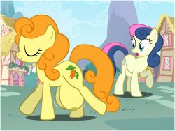 big_crotchboobs bonbon_(mlp) carrot_top_(mlp) crotchboobs duo earth_pony female flashequestria golden_harvest huge_crotchboobs impossibly_large_crotchboobs my_little_pony nipples nude outdoors pony ponyville show_accurate surprised sweetie_drops