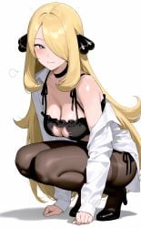 1girls ai_generated bare_shoulders blonde_hair breasts cat_cutout cat_keyhole_bra cat_lingerie choker cleavage cutout cynthia_(pokemon) female female_only grey_eyes hair_over_one_eye high_heels human medium_breasts milf pantyhose pokemon pokemon_dppt seductive seductive_look seductive_smile squatting