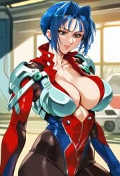 2d ai_generated big_breasts blue_hair bodysuit cleavage female female_focus female_only indoors pilot_suit short_hair solo solo_female solo_focus super_robot_wars super_robot_wars_original_generation tagme viletta_vadim