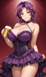 1girls ahoge ai_generated ass azuma_marina bare_shoulders big_ass big_breasts breasts burlesque cleavage corset earrings female hair_ornament holding_beer hoop_earrings huge_ass huge_breasts isogil kashidashi_tsuma_marina_no_"netorase"_houkoku_binkan_tsuma_to_zetsurin_daigakusei looking_at_viewer looking_back_at_viewer nipples panties purple_dress purple_hair sexy_pose shiny_skin short_hair thick_thighs thighs