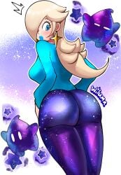 1girls alternate_version_available ass backboob big_ass big_lips blonde_hair blue_eyes blue_lips blue_lipstick blue_shirt bottomwear clothing dat_ass ear_piercing earrings female female_focus galaxy_pattern_clothing hair huge_ass lips lipstick long_hair looking_back luma mario_(series) nintendo pants princess_rosalina purple_pants shirt solo_focus star thick_lips topwear ty_wilgs wiluma