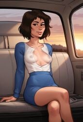 1girls 2d 2d_(artwork) ai_generated areolae beautyash breasts brown_hair car car_interior civitai cleavage clothed clothing crossed_legs digital_drawing_(artwork) digital_media_(artwork) female female_focus female_only josephine_(summertime_saga) legs_crossed light-skinned_female light_skin medium_breasts nipples no_bra no_panties no_underwear see-through see-through_clothing see-through_shirt see-through_top shirt sitting skirt small_breasts solo solo_focus summertime_saga teenage_girl teenager