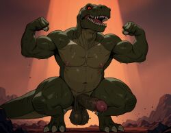 1boy 3_toes ai_generated anthro balls big_balls big_muscles big_nipples big_penis booster_rex claws daddy dinosaur erect_penis erection furry furry_male gay green_body huge_balls huge_cock huge_muscles huge_nipples looking_at_viewer male male_only muscles muscular muscular_anthro muscular_male nipples penis red_eyes reptile scalie sharp_teeth sharptooth_(character) solo tail teeth the_land_before_time two_tone_body veiny_penis