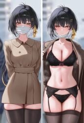 1girls ai_generated black_hair blush bra breasts coat face_mask female female_rover_(wuthering_waves) flashing garter_belt garter_straps lingerie lingerie_under_clothes panties rover_(wuthering_waves) tease teasing teasing_viewer thick_thighs thighhighs trenchcoat wuthering_waves yellow_eyes