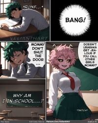 1boy 1girl angry ashido_mina black_hair black_sclera blush boku_no_hero_academia bookshelf breasts chair chalkboard classroom closed_eyes comic desk door english_text female green_eyes green_hair hentai horns indoors large_breasts long_sleeves looking_at_viewer manga messy_hair midoriya_izuku my_hero_academia necktie one_eye_closed open_mouth pink_hair pink_skin pleated_skirt red_neckwear school_uniform shirt short_hair sitting skirt smile speech_bubble teeth u.a._school_uniform uncensored velianthart watermark window yellow_eyes