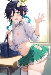 1boy ai_generated androgynous belly blue_hair bulge choker femboy genshin_impact green_eyes midriff miniskirt nipples panty_peek school_uniform schoolboy see-through skirt slutty_clothing thighhighs trap twin_braids venti_(genshin_impact)