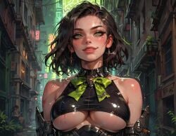 ai_generated bare_shoulders black_hair earrings freyna_leofwin green_bowtie green_eyes makeup manofmidas the_first_descendant underboob