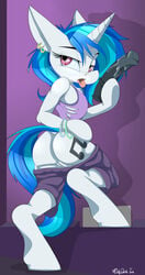 2018 anthro blue_hair clothed clothing cutie_mark digital_media_(artwork) dildo equine female friendship_is_magic fur hair hooves horn mammal mistydash my_little_pony purple_background purple_eyes pussy sex_toy simple_background solo tongue unicorn vinyl_scratch_(mlp) white_fur