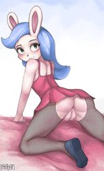 2018 absurd_res all_fours anthro ass blue_hair blush bottomless breasts clothed clothing digital_media_(artwork) dress ex_(welcome_to_doozy) eyelashes female fishnet fur grey_eyes hair hi_res innie_pussy lagomorph legwear long_hair looking_at_viewer looking_back macadam makeup mammal pantyhose pose presenting presenting_hindquarters presenting_pussy pussy rabbit rear_view solo spread_legs spreading upskirt welcome_to_doozy white_fur