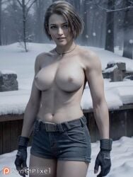 1girls ai_generated breasts denim detailed fingerless_gloves gloves hi_res highres jill_valentine looking_at_viewer navel necklace nipples outdoors resident_evil resident_evil:_death_island short_hair shorts snow snowing solo synthpixel topless tree