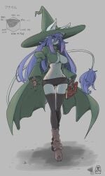 amboyna amboynav2 annabelle_(amboyna) blue_fur blue_hair cat_ears cat_tail catgirl cleavage_window coat full_body fully_clothed furry furry_female green_coat green_hat japanese_text slim_waist stat_display wide_hips wizard_hat