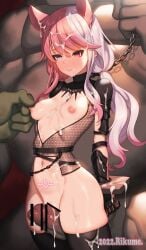2boys 3boys animal_ears arms_behind_back black_legwear blush bondage bondage bound breasts bukkake censored chained chains collar cuffs cum cum_in_pussy cum_on_body cum_on_breasts cum_on_clothes cum_on_hair cum_on_stomach cum_on_upper_body dark_skinned_male erection facial female gloves large_penis leash long_hair looking_at_viewer multiple_boys multiple_penises navel nipples out_of_frame penis pink_hair restrained shackles small_breasts smile solo_focus straight thighhighs vaginal_penetration veins