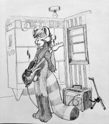 ailurid amplifier anthro balls casual_nudity discostang2 foreskin genitals guitar humanoid_genitalia lambda_(character) long_tail male mammal monochrome musical_instrument nude penis playing_guitar playing_music plucked_string_instrument red_panda solo standing string_instrument tail traditional_media_(artwork)