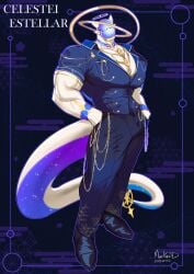absurd_res celestei_estellar_(entitropy) clothing collared_shirt deity dress_shirt dress_shoes entitropy eyewear footwear glasses god gold_(metal) gold_chains gold_jewelry hi_res jewelry machine male markusd multicolored_body muscular professor rings robot shirt shoes square_glasses tail topwear