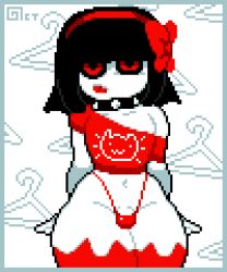 1boy annoyed black_hair bow bulge clothing coat_hanger collar femboy headband male_only navel octotron2000 original_character penis pixel_art red_eyes scythe_(dizzyspells) self_upload shirt short_hair solo solo_male someone_else's_oc spiked_collar thick_thighs thighhighs thong tongue white_body