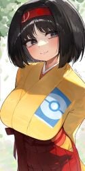 1girls big_breasts black_hair blush breasts erika_(pokemon) female grey_eyes hairband hakama highres japanese_clothes kashu_(hizake) kimono large_breasts long_sleeves looking_at_viewer nintendo pokemon pokemon_frlg red_hairband red_hakama short_hair smile solo yellow_kimono