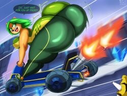 1boy 1girls ami_bandicoot anthro ass bandicoot big_ass bottom_heavy breasts bubble_ass bubble_butt clothing crash_(series) dialogue fat_ass female female_focus green_eyes green_hair huge_ass large_ass looking_back mackdazzle male massive_ass neo_cortex png smug taunting text thick_ass thick_thighs thunder_thighs vehicle wide_hips