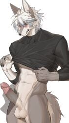 4k 9:16 abs absurd_res anthro athletic athletic_anthro athletic_male balls black_nose blush blush_lines bodily_fluids bottomless canid canine canis claws clothed clothing clothing_lift duo finger_claws floating_hands foreskin fur genital_fluids genitals grey_body grey_fur hi_res humanoid_genitalia kemono male male_focus mammal masturbation mikusansuki0 multicolored_body multicolored_fur one_eye_closed penis pointy_ears precum solo_focus two_tone_body two_tone_fur uncircumcised white_body white_fur wolf