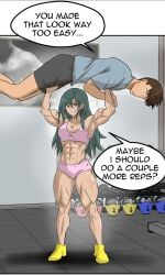 1boy abs breasts brown_hair cleavage clothing dumbbell english_language english_text exercise female flexing footwear green_hair grin large_breasts long_hair lummypixith male muscles muscular muscular_female muscular_male original shoes short_hair shorts smile sports_bra text thighs underwear weights