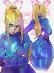1female ass_focus back_view blonde_female blue_eyes bodysuit cleavage female_only futuristic grabbing_own_ass large_breasts long_hair_female metroid nintendo nipples_visible_through_clothing pressing_breasts samus_aran tight_clothing xuuikie zero_suit zero_suit_samus